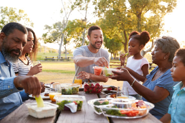 Multi Generation Family Enjoying Picnic In Park Together